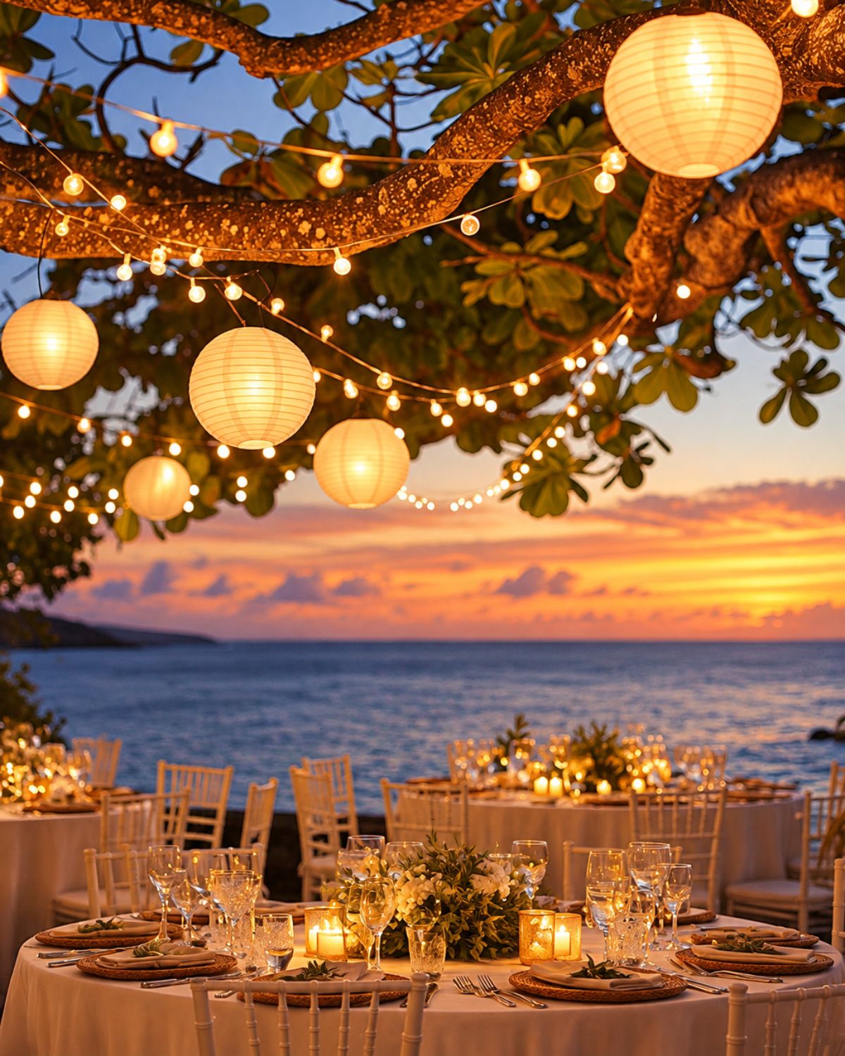 Celebración al atardecer junto al mar con guirnaldas de luces y mesas preparadas