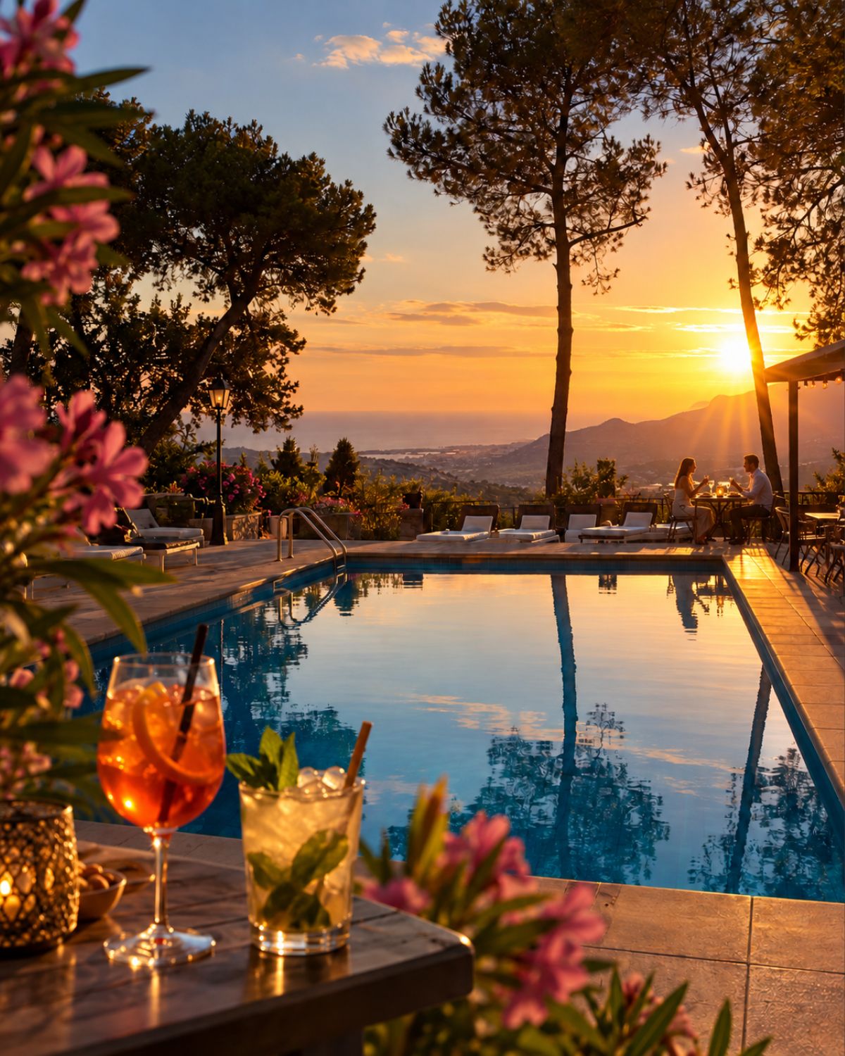 Pool Bar entre montañas al atardecer, con vistas al Mediterráneo